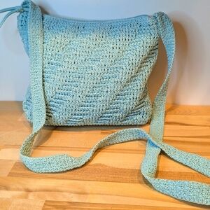 Vintage‎ 80's  Liz Claiborne Purse Bojo Crochet Knit Crossbody Bag Light Blue